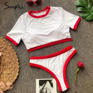 Simplee Sexy leopard sports swimmer women Casual t-shirt bikini set high cut thong Two piece beach wear suits push up playsuit