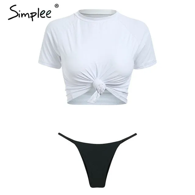 Simplee Sexy leopard sports swimmer women Casual t-shirt bikini set high cut thong Two piece beach wear suits push up playsuit