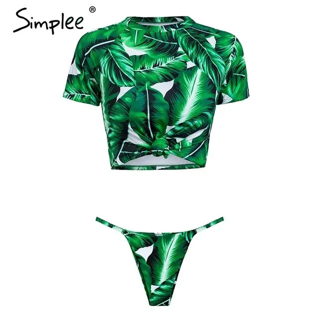 Simplee Sexy leopard sports swimmer women Casual t-shirt bikini set high cut thong Two piece beach wear suits push up playsuit