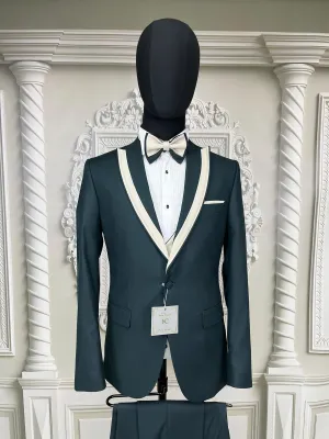 Single Button Three Piece Tuxedo Suit with Contrasting Black Velvet Lapel and Pants.
