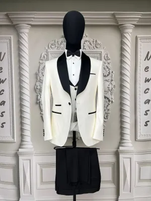 Single Button Three Piece Tuxedo Suit with contrasting burgundy/red velvet Lapel, matching bow tie and Black Pants