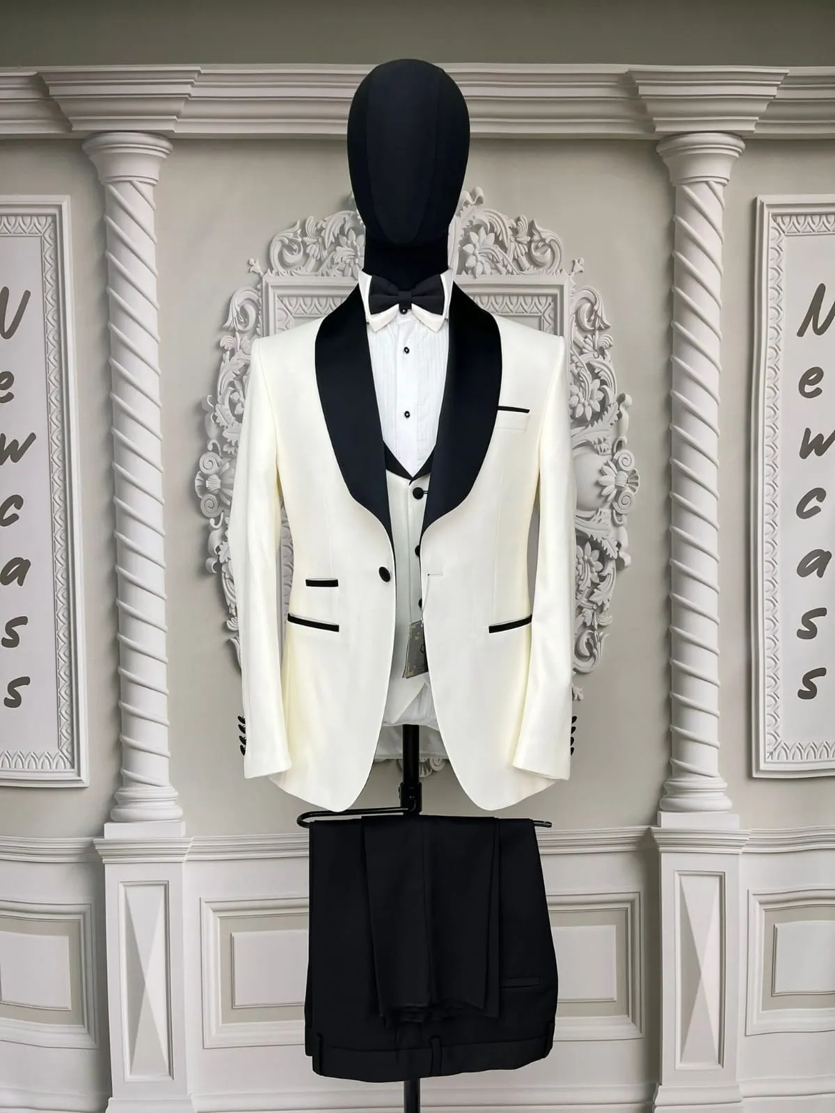 Single Button Three Piece Tuxedo Suit with contrasting burgundy/red velvet Lapel, matching bow tie and Black Pants