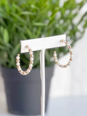 Skinny Faux Pearl 18K Gold Filled Bead Open Hoop Earring 30mm
