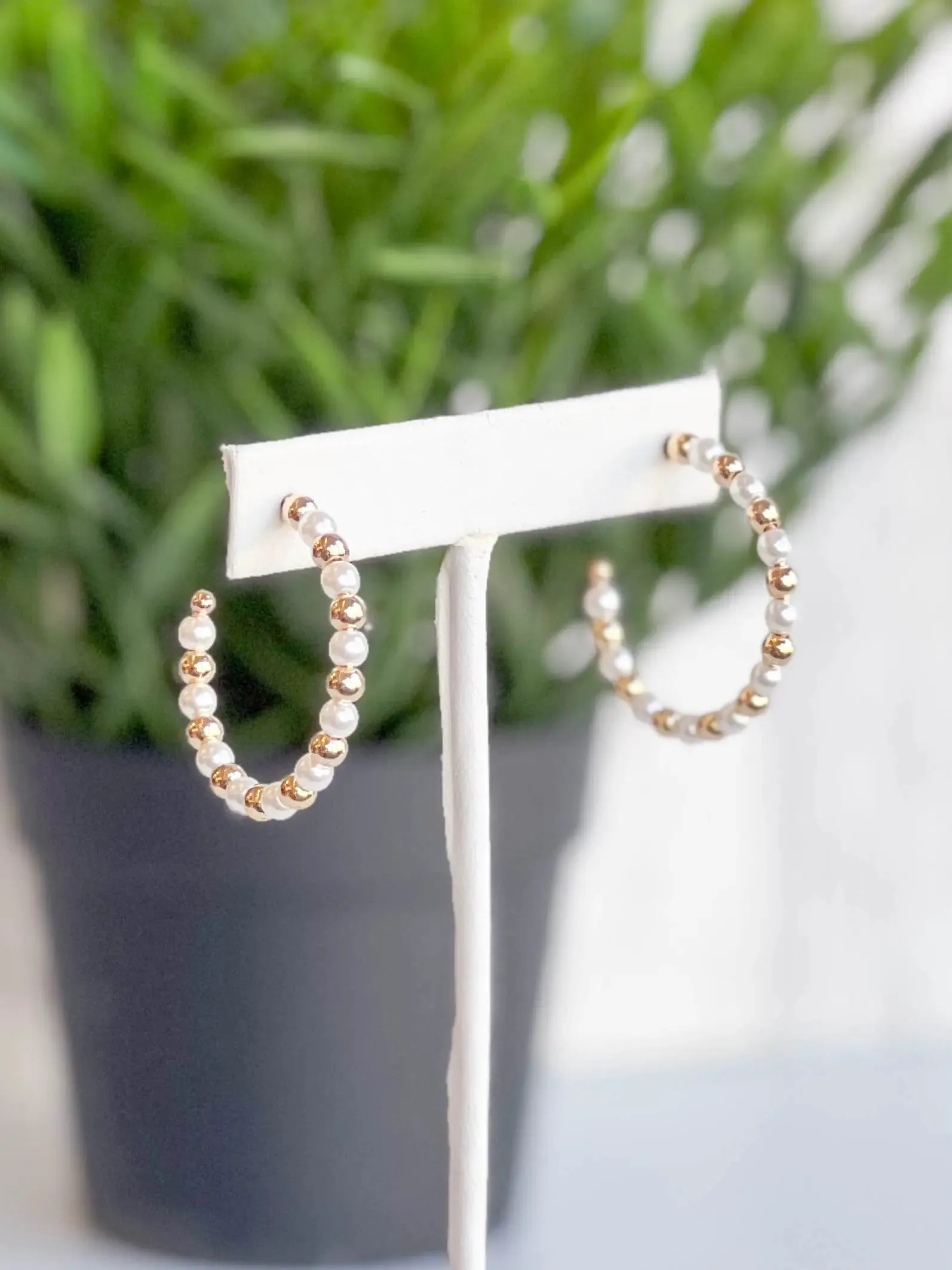 Skinny Faux Pearl 18K Gold Filled Bead Open Hoop Earring 30mm