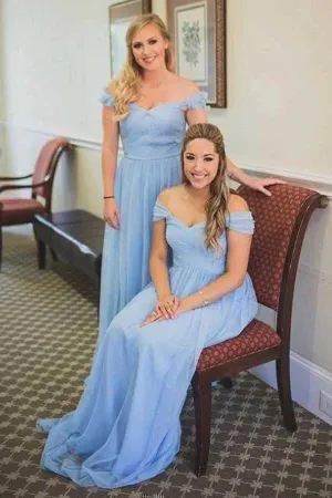 Sky Blue Chiffon Off-the-Shoulder Sweetheart Long Bridesmaid Dresses, MBD186
