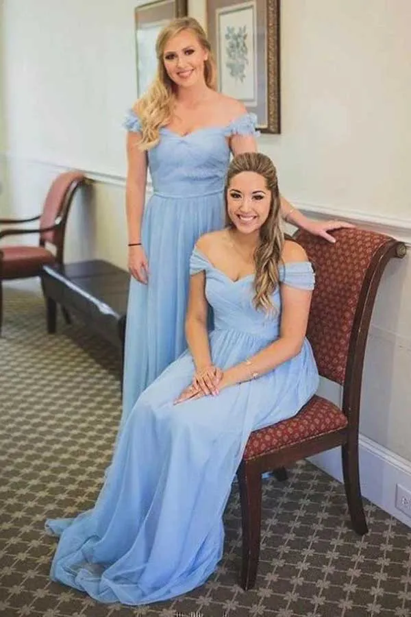 Sky Blue Chiffon Off-the-Shoulder Sweetheart Long Bridesmaid Dresses, MBD186