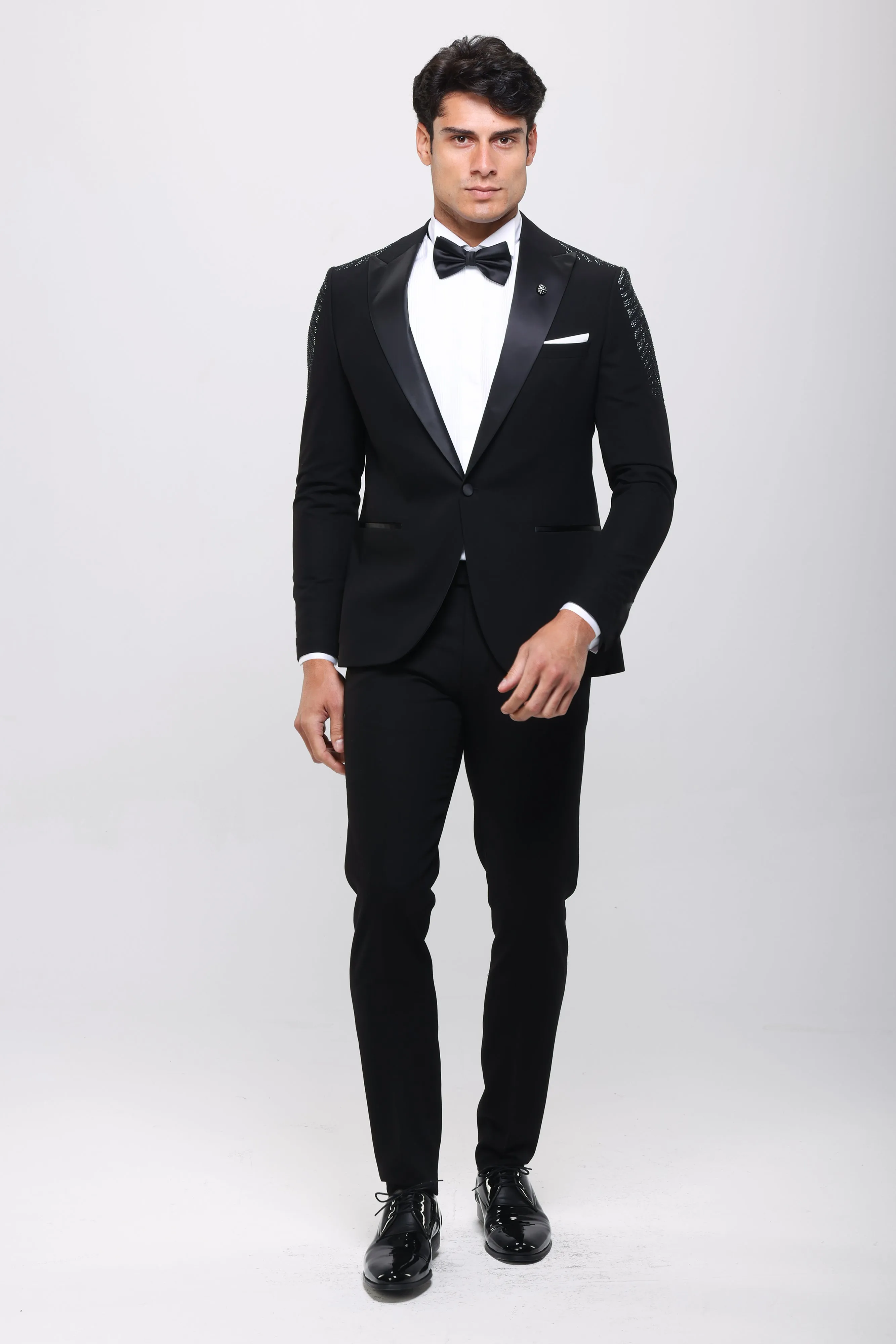 Slim Fit Black Tuxedo suit -Notch Lapel - Turkish Made