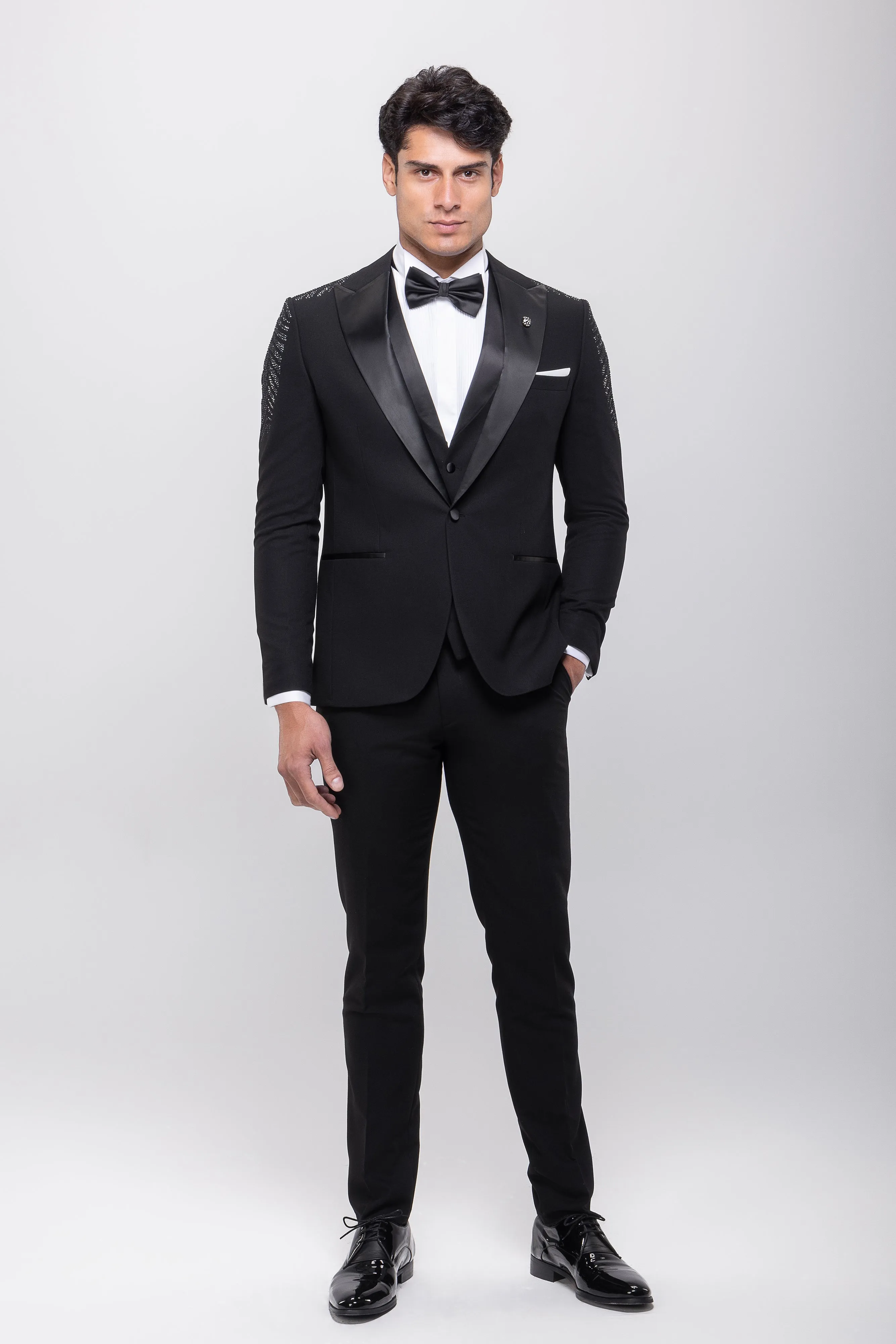 Slim Fit Black Tuxedo suit -Notch Lapel - Turkish Made