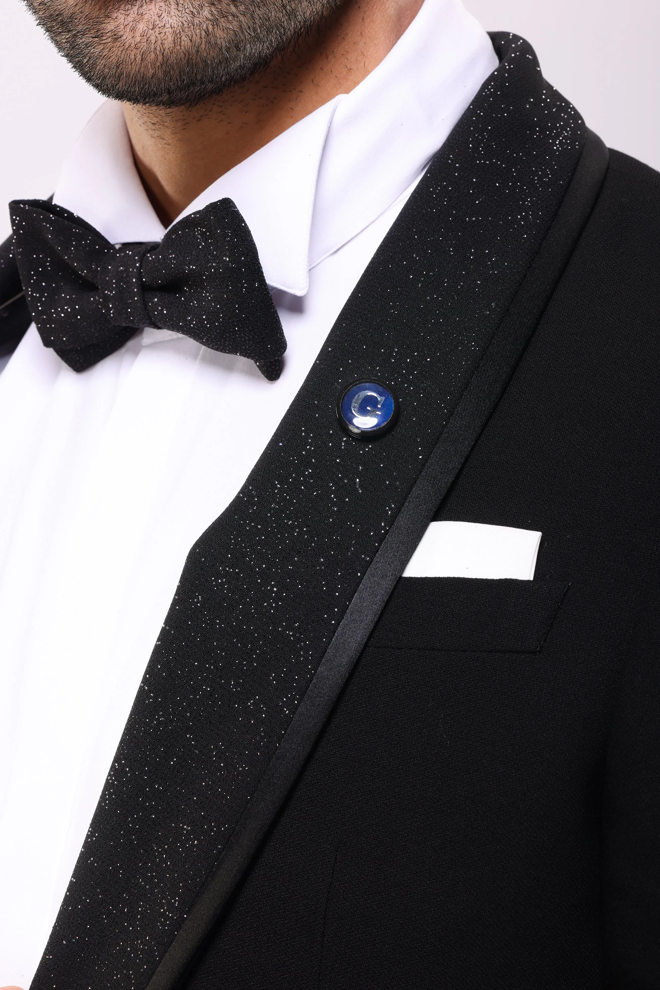 Slim Fit Black Wedding Suit - Shawl Lapel Full Of Glitter-Turkish Made