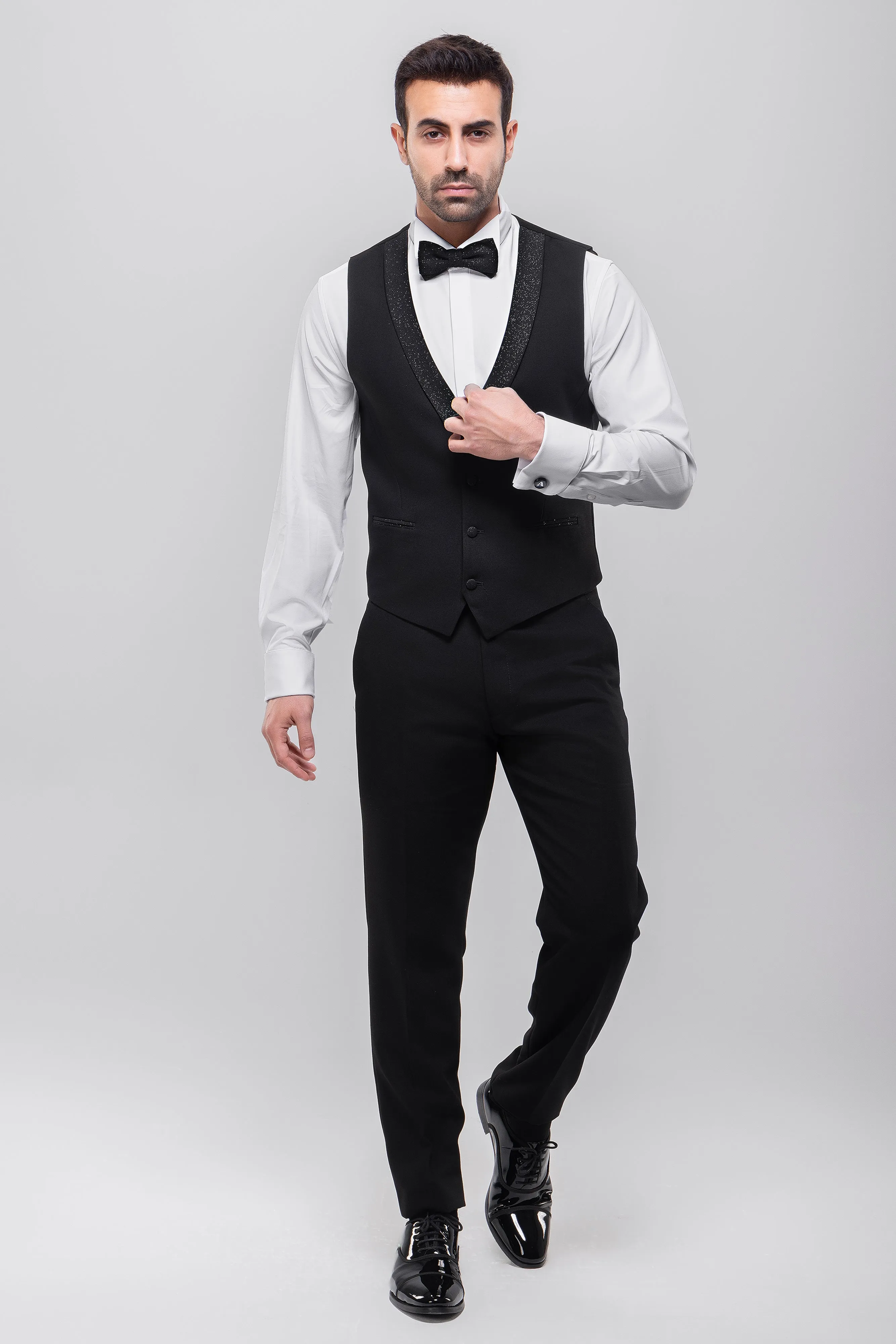 Slim Fit Black Wedding Suit - Shawl Lapel Full Of Glitter-Turkish Made