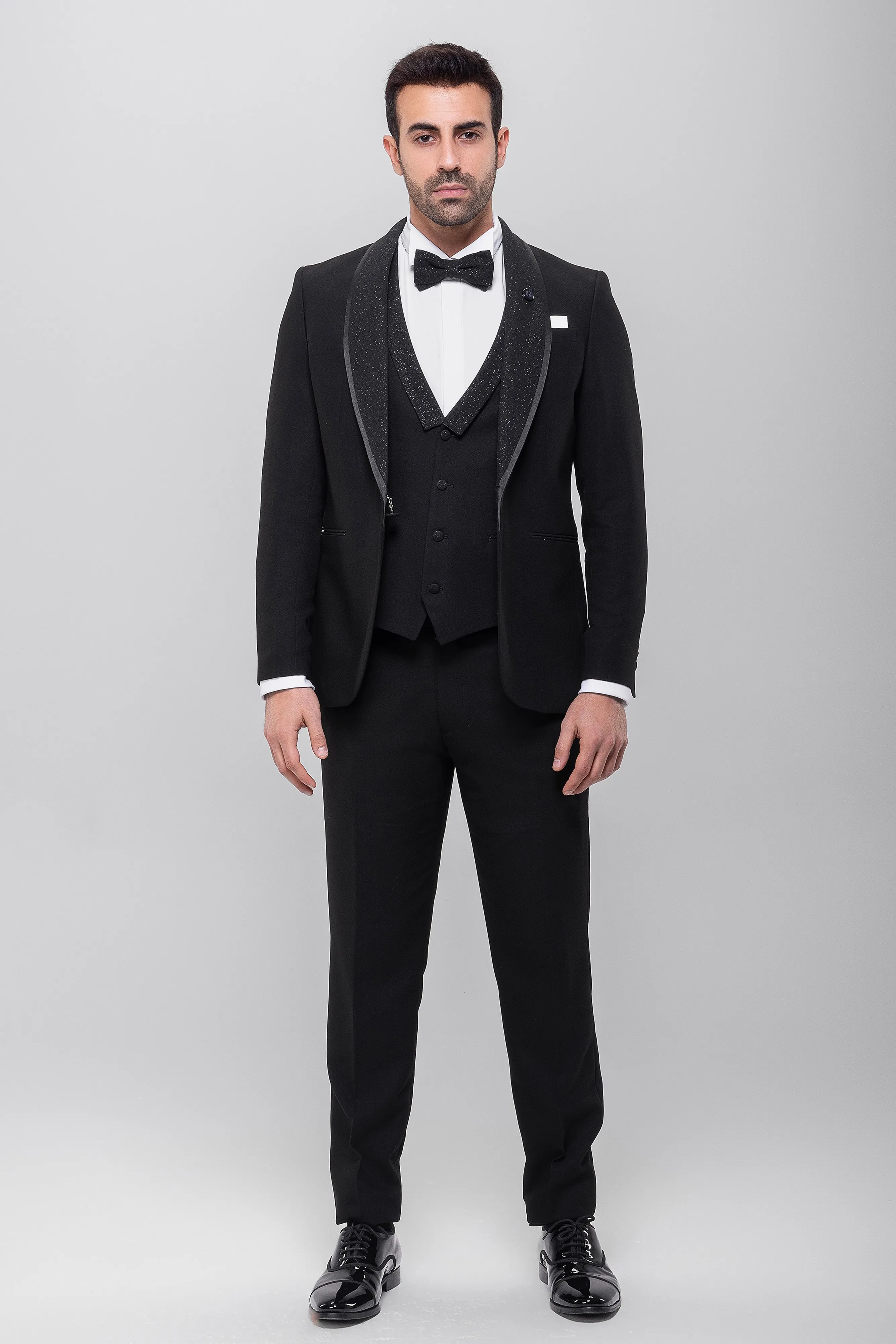 Slim Fit Black Wedding Suit - Shawl Lapel Full Of Glitter-Turkish Made