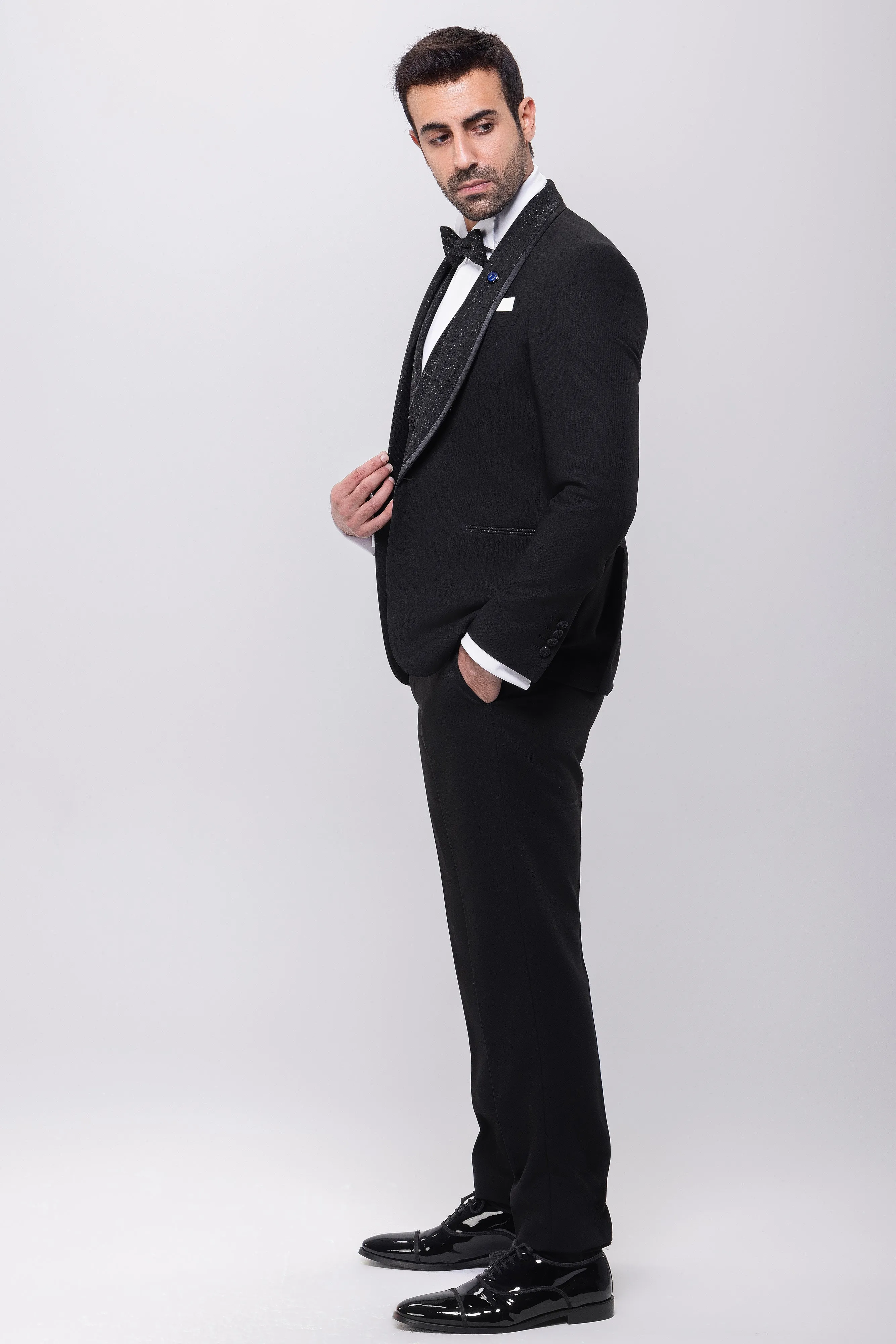 Slim Fit Black Wedding Suit - Shawl Lapel Full Of Glitter-Turkish Made