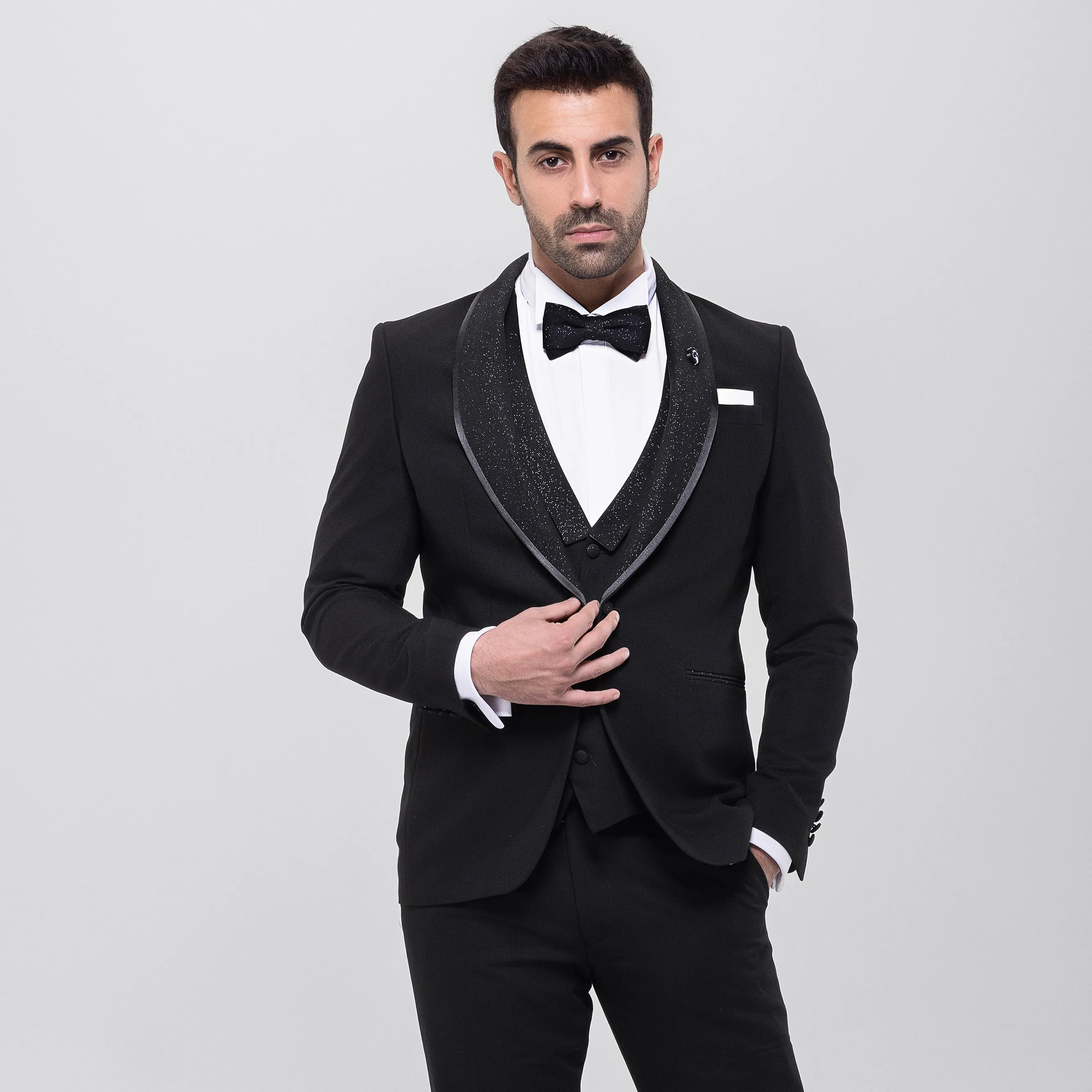 Slim Fit Black Wedding Suit - Shawl Lapel Full Of Glitter-Turkish Made