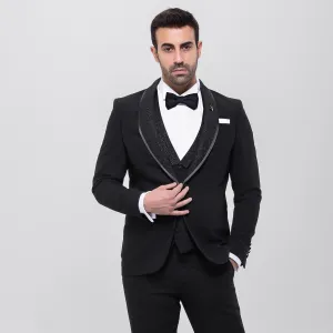 Slim Fit Black Wedding Suit - Shawl Lapel Full Of Glitter-Turkish Made