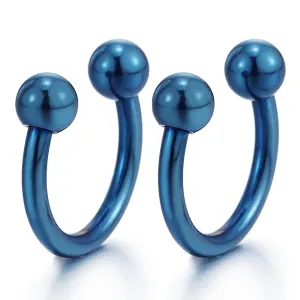 Small Stainless Steel Blue Bead Half Hoop Huggie Hinged Earrings for Men Women, Screw Back, 2pcs