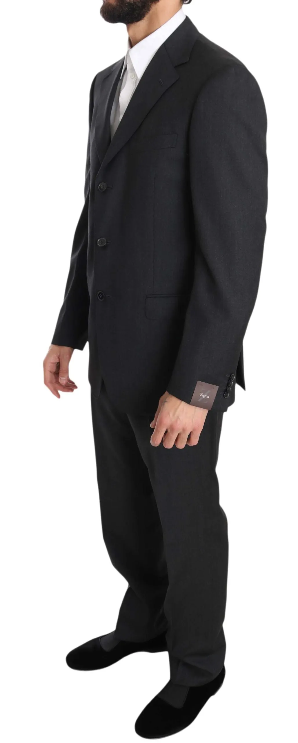 Solid Dark Gray Two Piece 3 Button Wool Suit