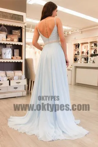Spaghetti Beaded Light Blue Chiffon Prom Dresses, Formal Dresses, Evening Dresses, TYP0699
