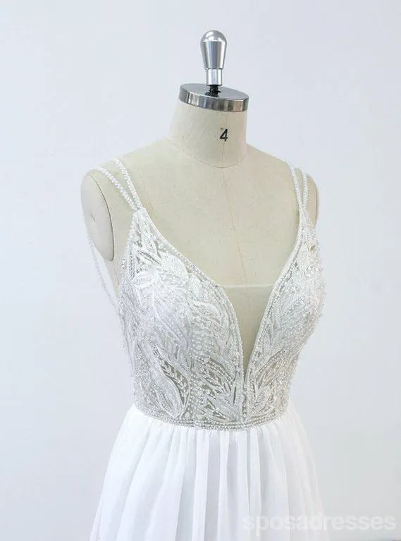 Spaghetti Straps Lace Beaded Cheap Beach Wedding Dresses Online, WD377