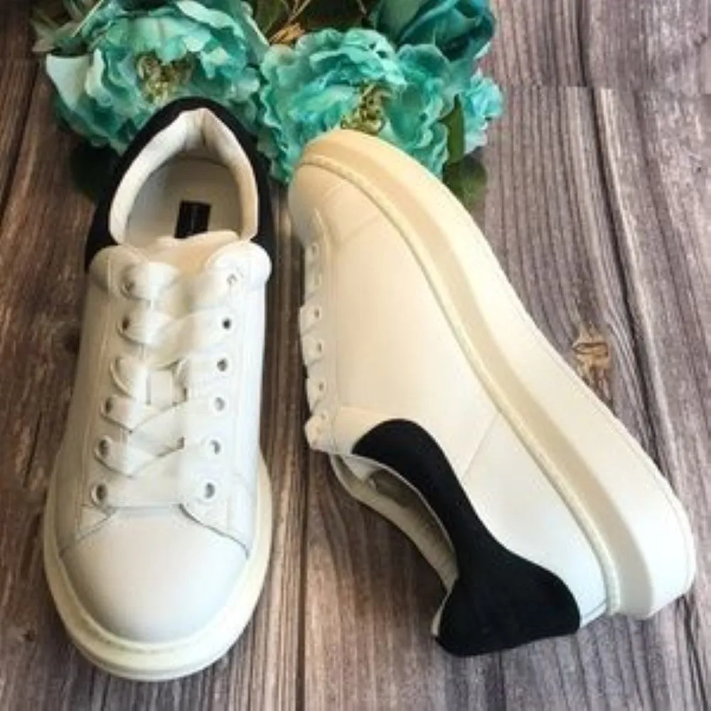 STEVEN Glazed White Leather Lace-Up Chunky Sneakers