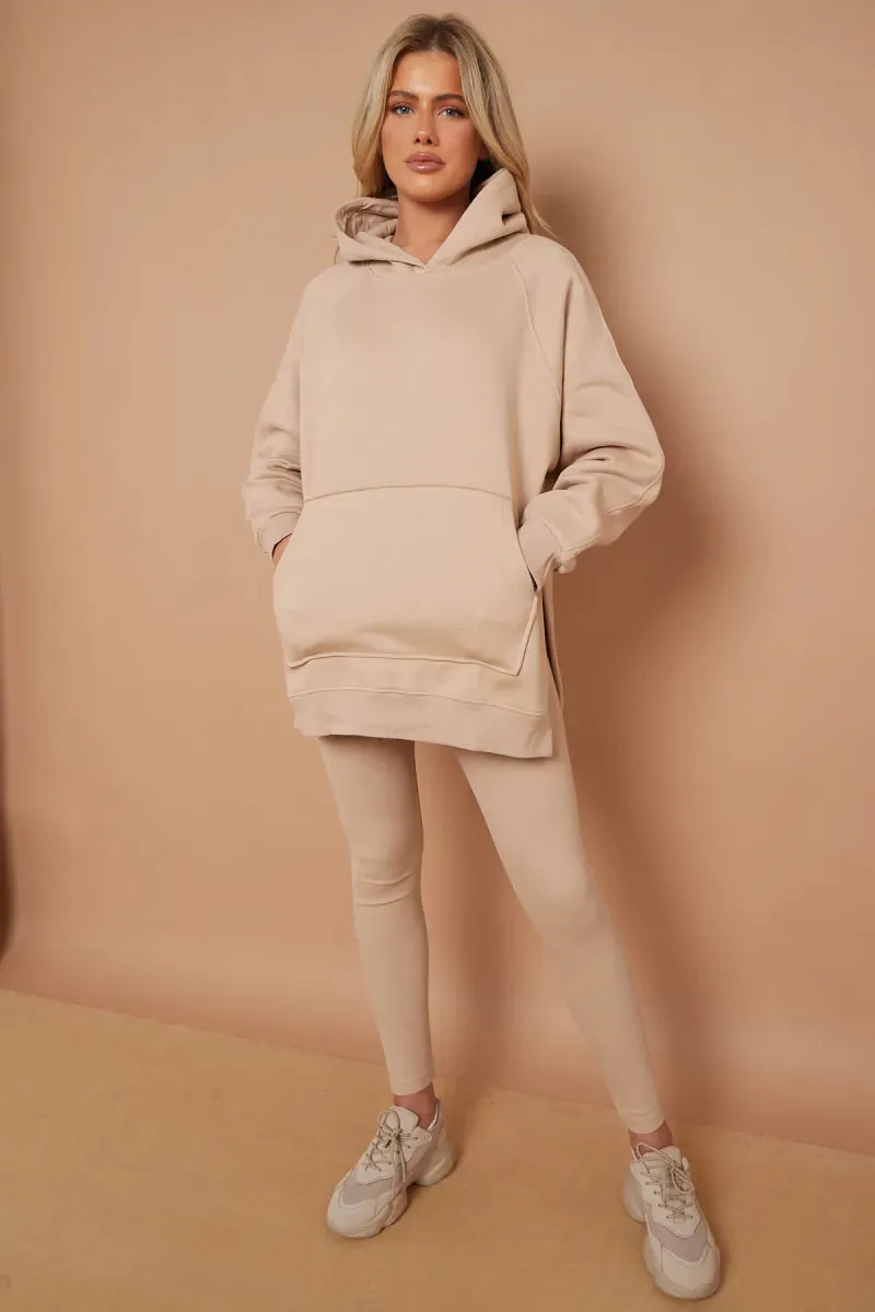 Stone Oversized Side Slit Hoodie & Ribbed Leggings Loungewear Set