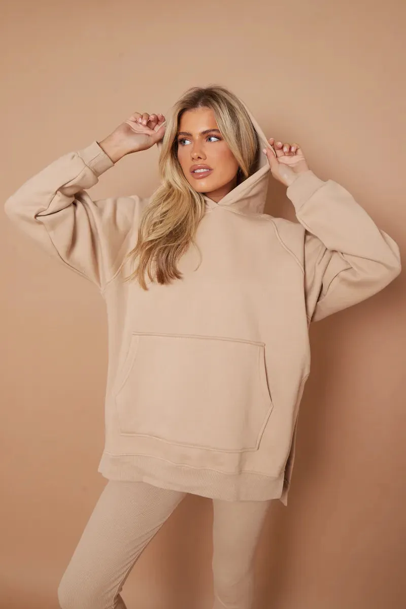 Stone Oversized Side Slit Hoodie & Ribbed Leggings Loungewear Set