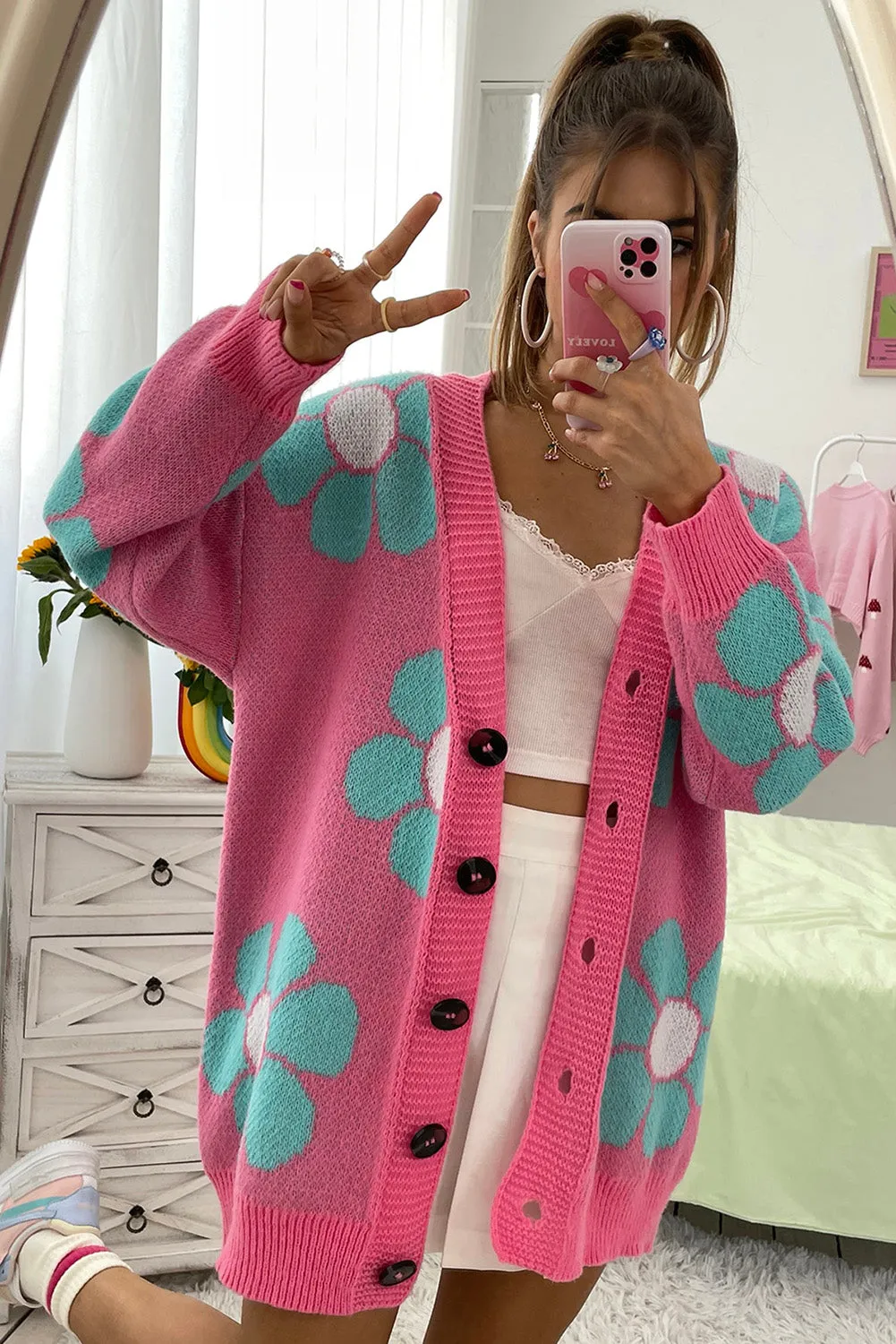 Strawberry Pink Qutie Floral Pattern Drop Shoulder Cardigan