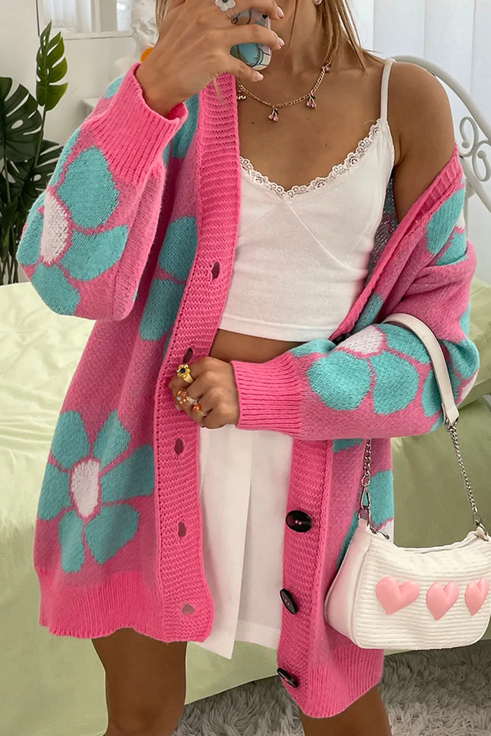 Strawberry Pink Qutie Floral Pattern Drop Shoulder Cardigan