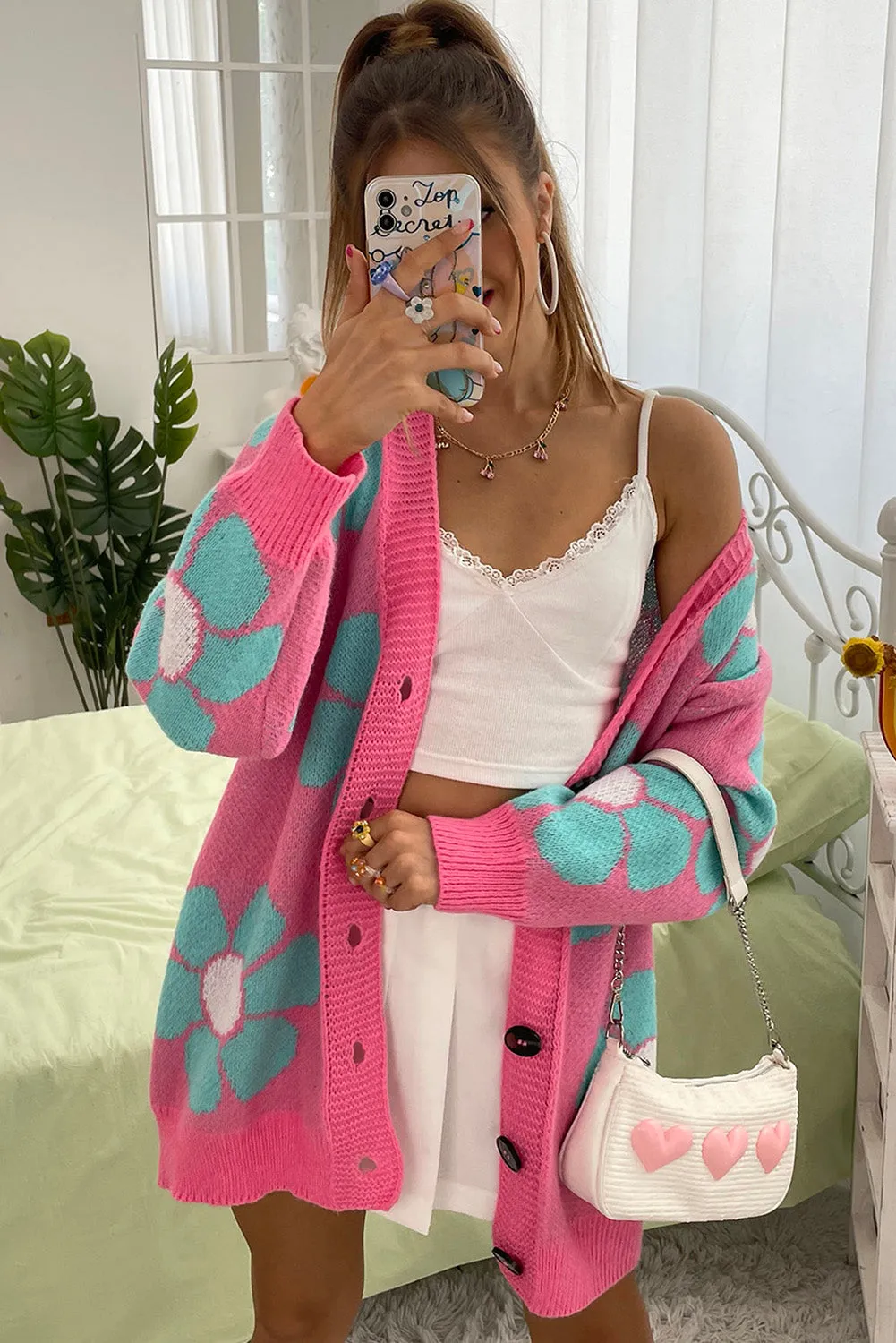 Strawberry Pink Qutie Floral Pattern Drop Shoulder Cardigan