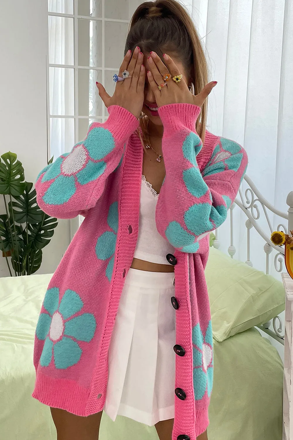 Strawberry Pink Qutie Floral Pattern Drop Shoulder Cardigan