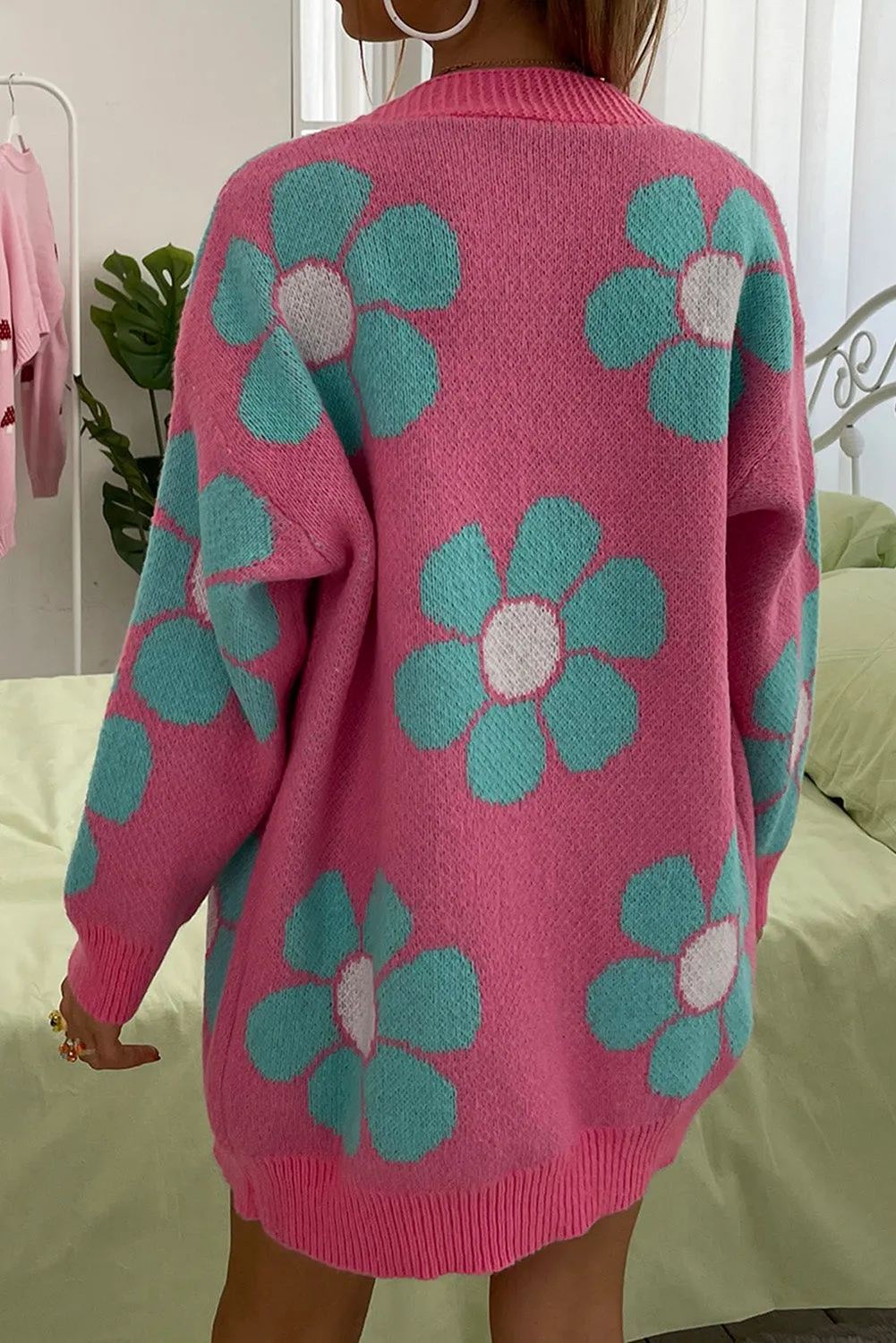 Strawberry Pink Qutie Floral Pattern Drop Shoulder Cardigan