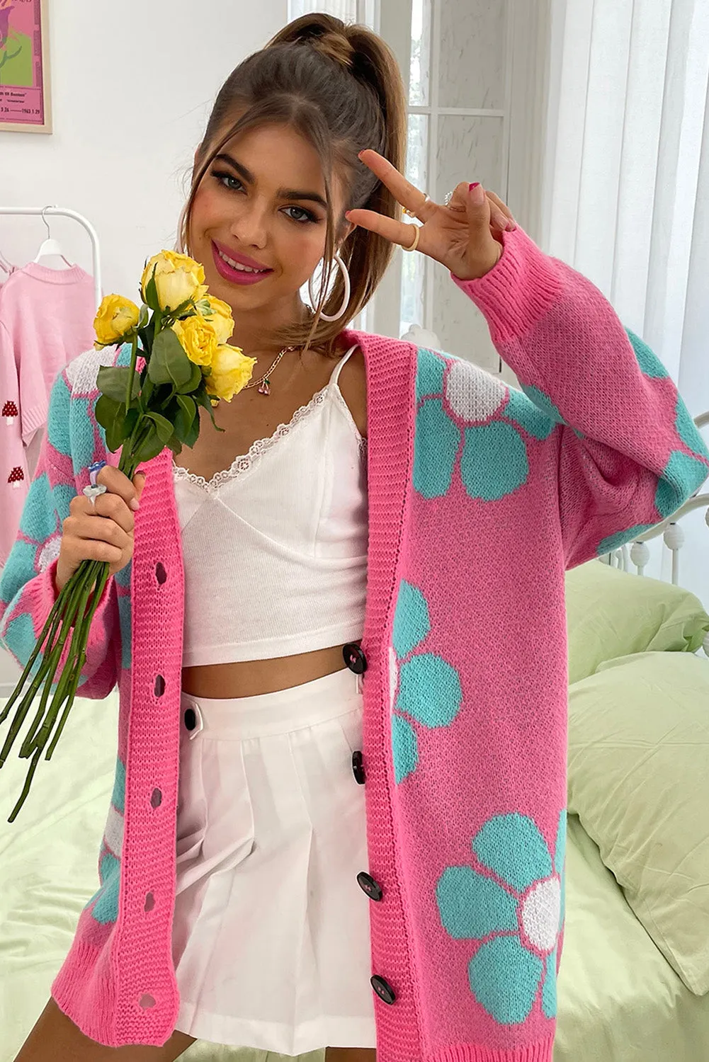 Strawberry Pink Qutie Floral Pattern Drop Shoulder Cardigan