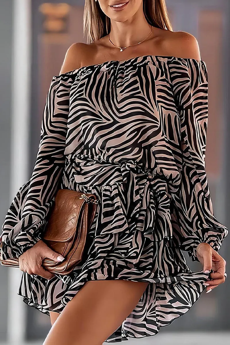 Street Print Bandage Frenulum Off the Shoulder Waist Skirt Dresses
