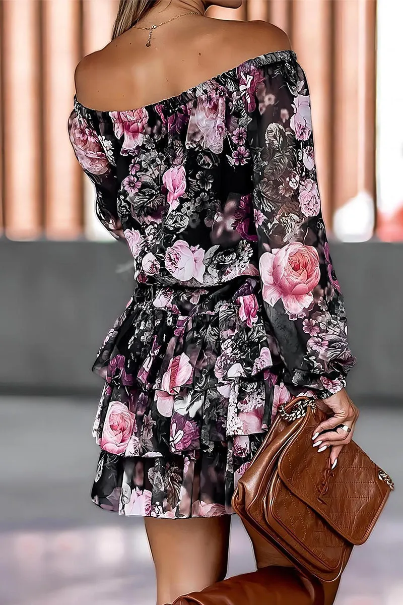 Street Print Bandage Frenulum Off the Shoulder Waist Skirt Dresses
