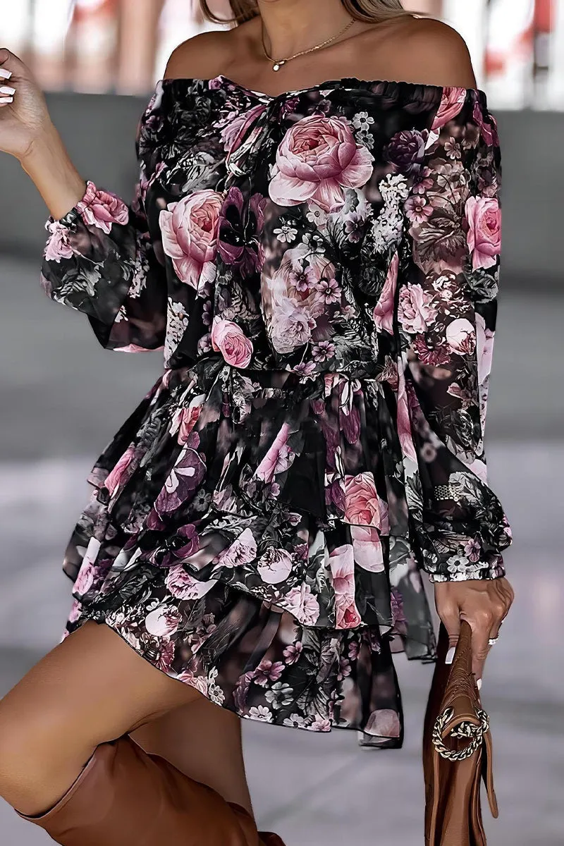 Street Print Bandage Frenulum Off the Shoulder Waist Skirt Dresses