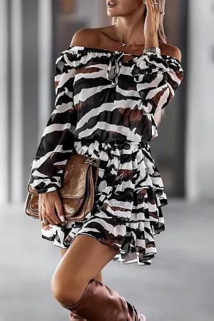 Street Print Bandage Frenulum Off the Shoulder Waist Skirt Dresses