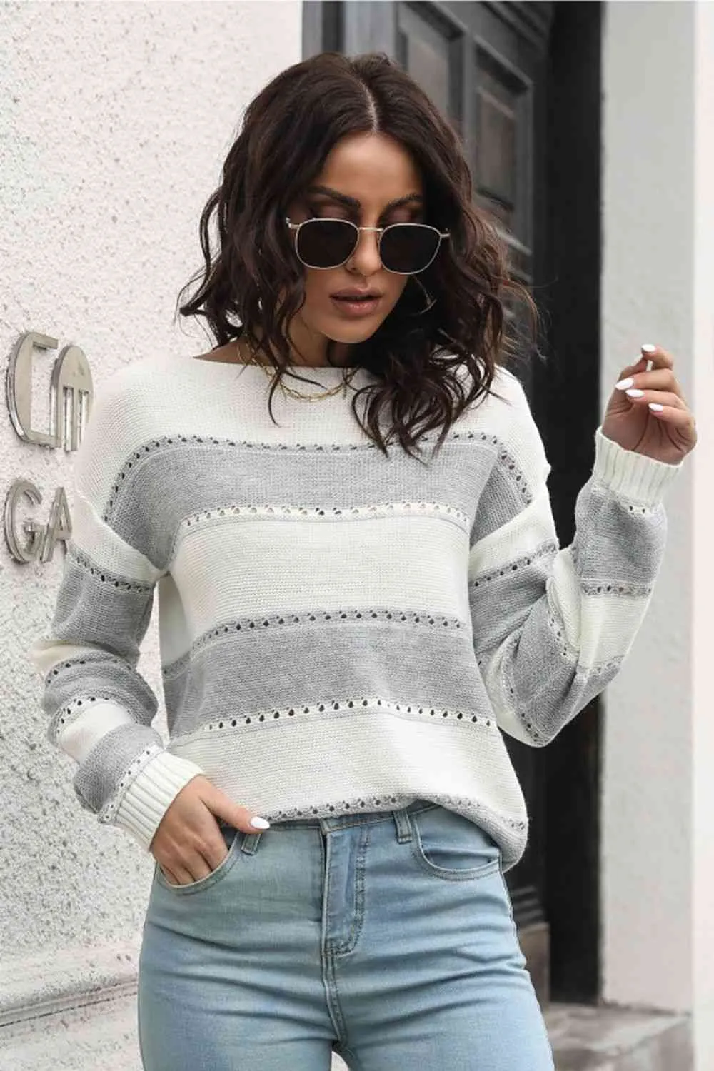 Striped Boat Neck Dropped Shoulder Sweater (4 Colors)