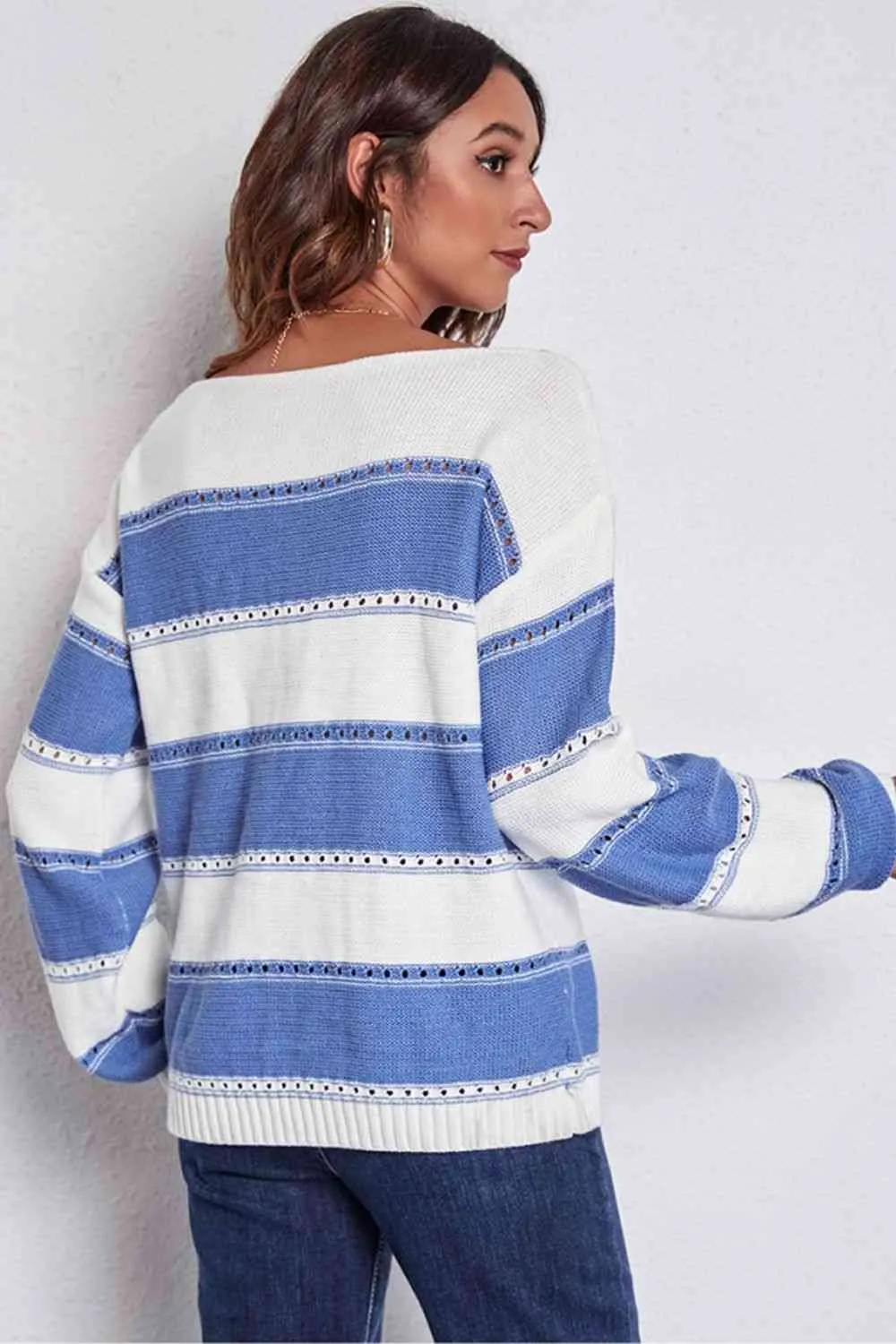 Striped Boat Neck Dropped Shoulder Sweater (4 Colors)
