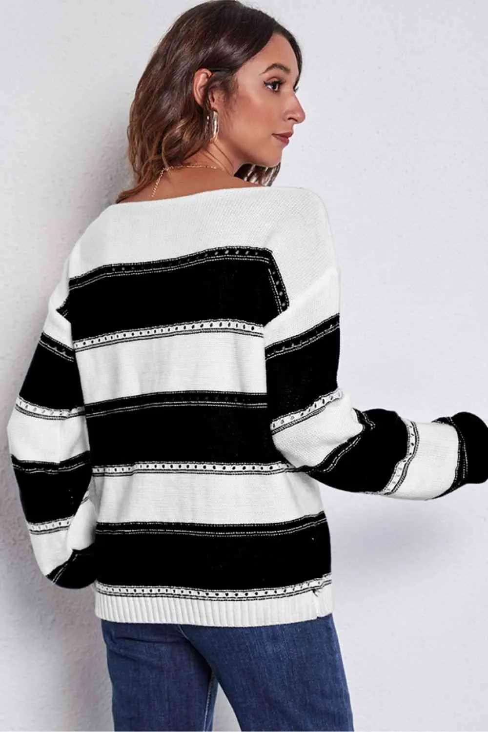Striped Boat Neck Dropped Shoulder Sweater (4 Colors)