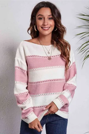 Striped Boat Neck Dropped Shoulder Sweater (4 Colors)