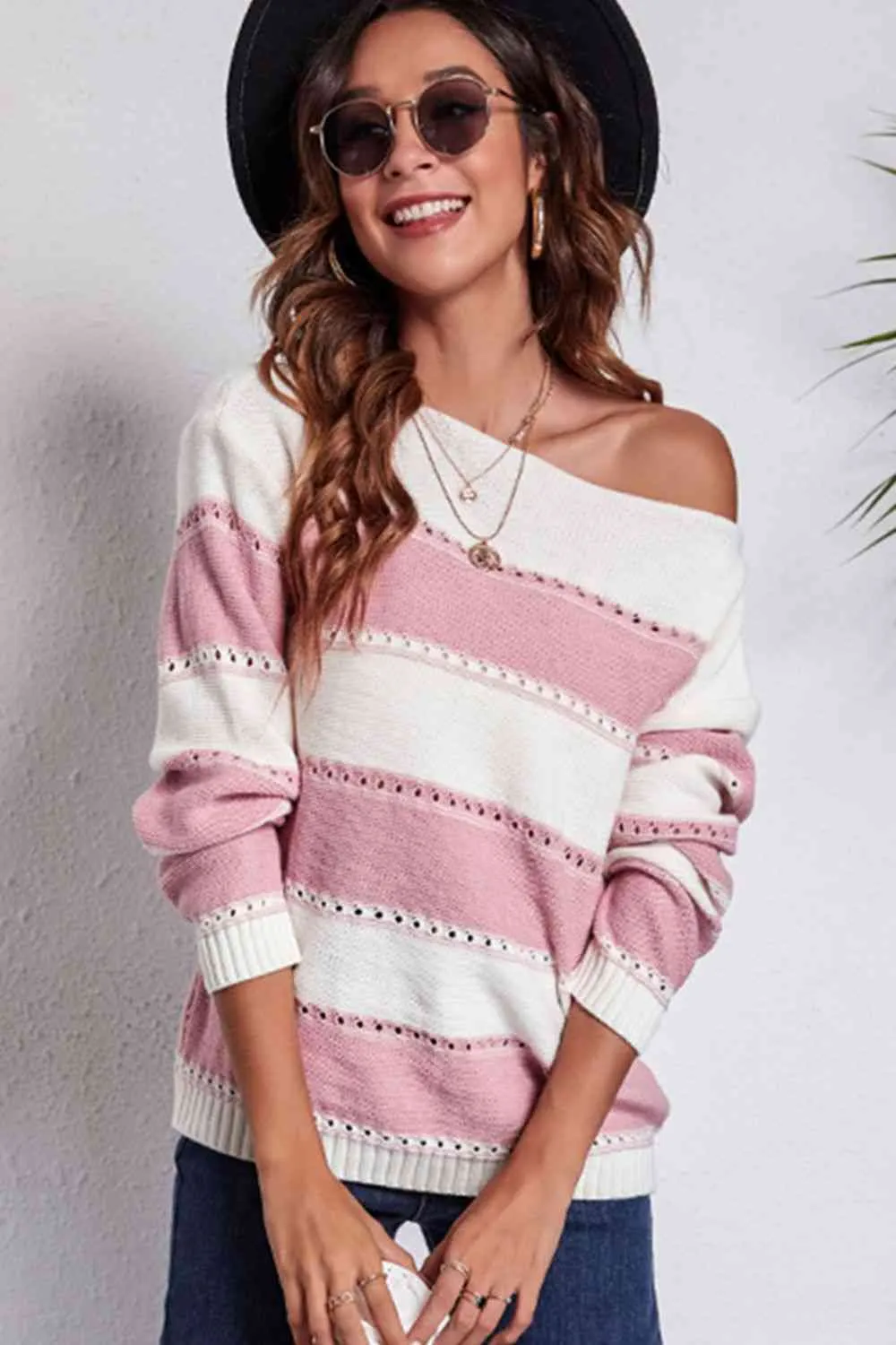 Striped Boat Neck Dropped Shoulder Sweater (4 Colors)