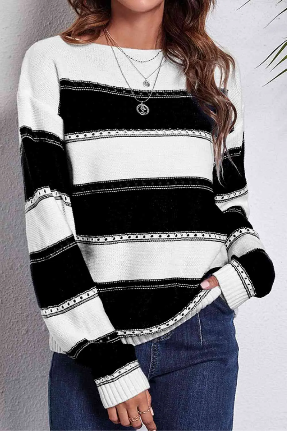 Striped Boat Neck Dropped Shoulder Sweater (4 Colors)