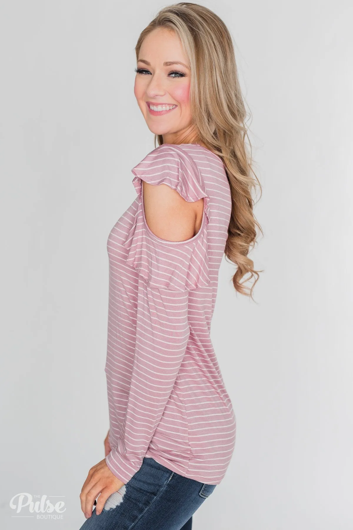 Striped Cold Shoulder Ruffle Top- Dusty Pink