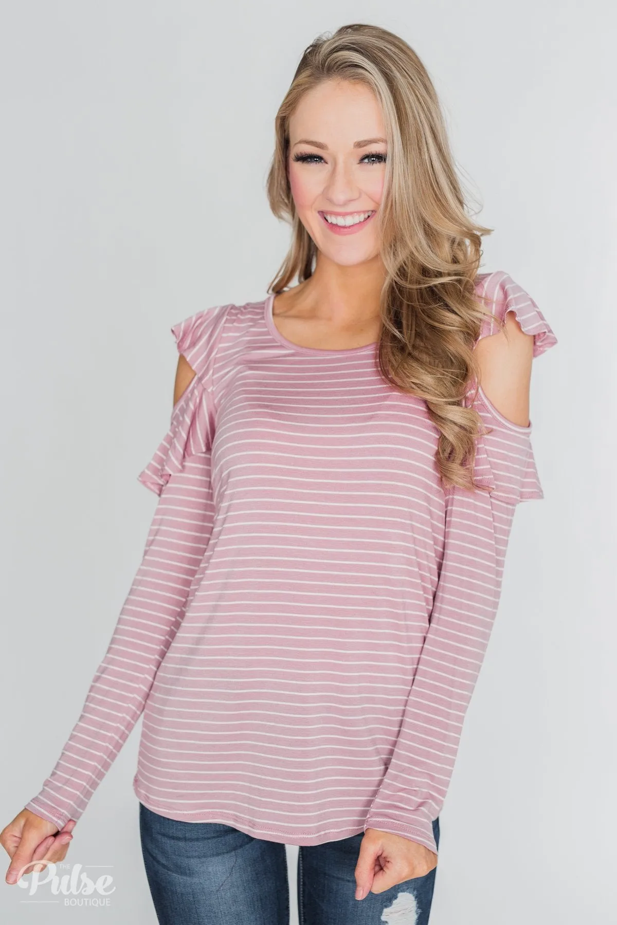 Striped Cold Shoulder Ruffle Top- Dusty Pink