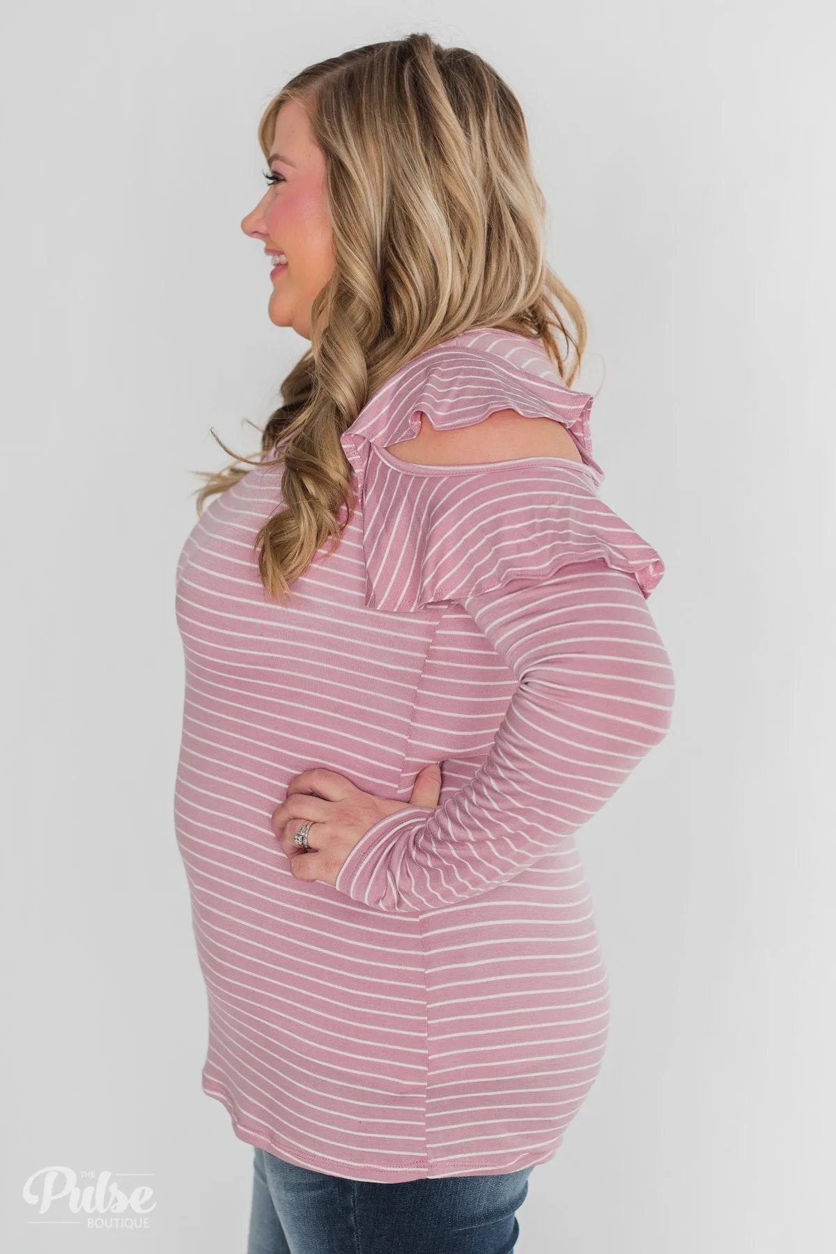 Striped Cold Shoulder Ruffle Top- Dusty Pink