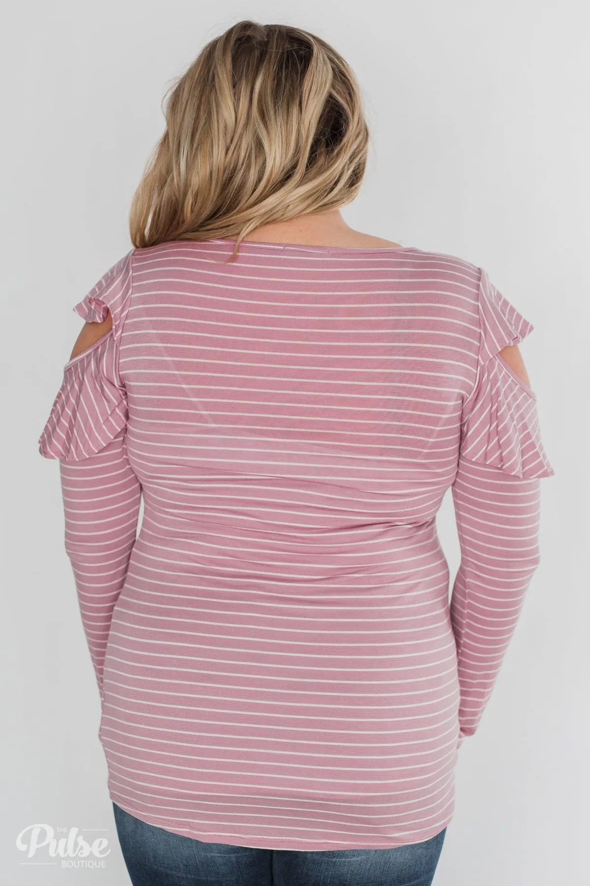 Striped Cold Shoulder Ruffle Top- Dusty Pink