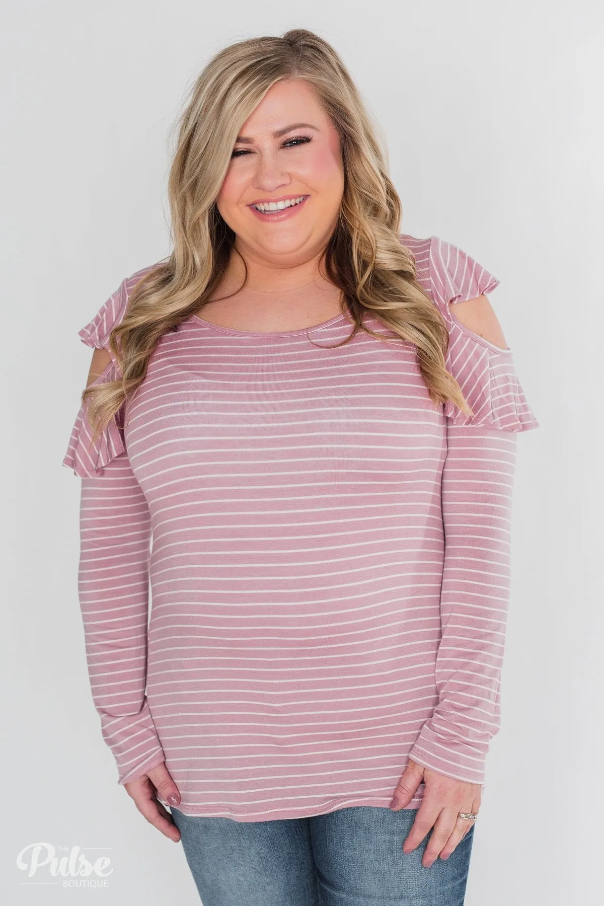 Striped Cold Shoulder Ruffle Top- Dusty Pink