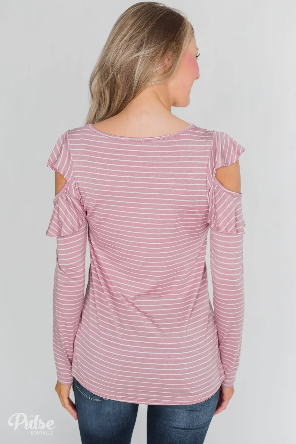 Striped Cold Shoulder Ruffle Top- Dusty Pink
