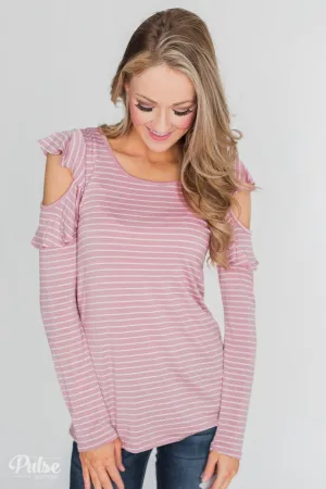 Striped Cold Shoulder Ruffle Top- Dusty Pink