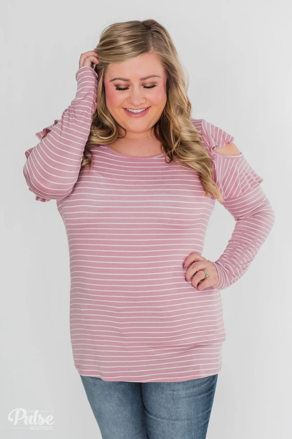 Striped Cold Shoulder Ruffle Top- Dusty Pink