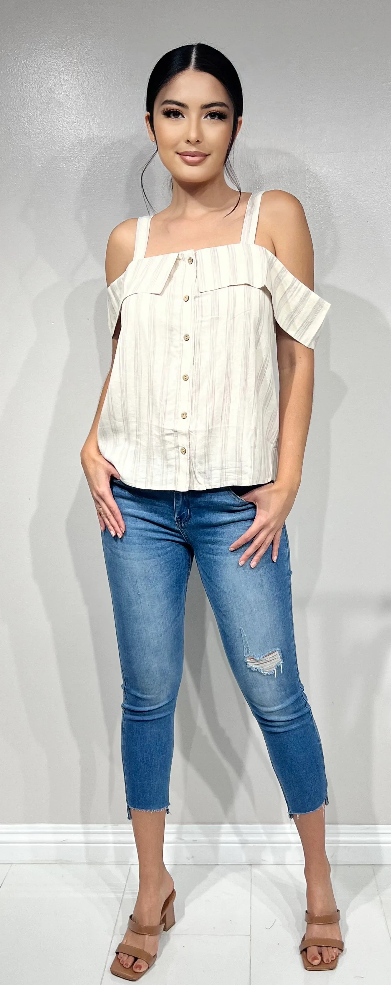 STRIPED COLD SHOULDER TOP